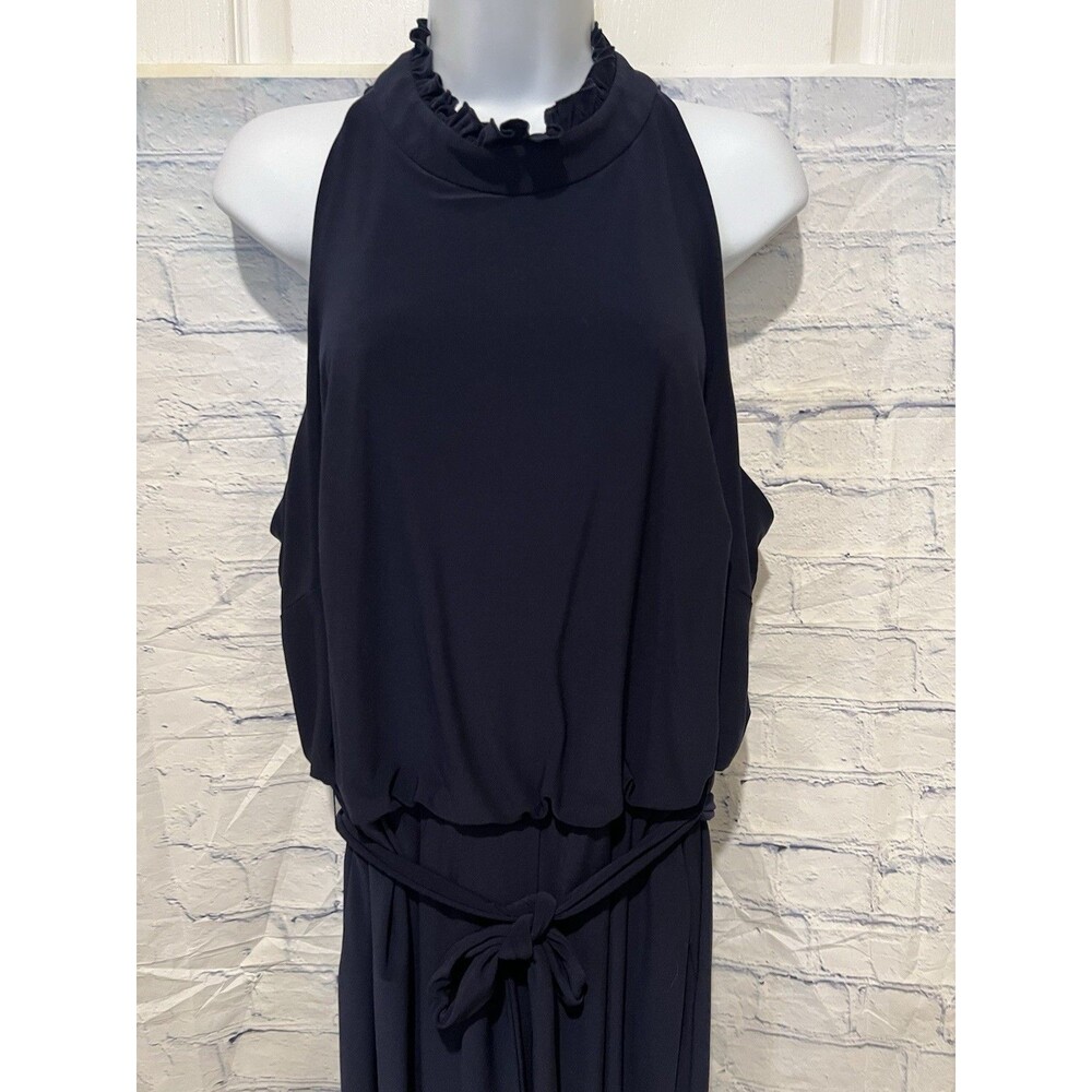 VINCE CAMUTO SLEEVELESS HALTER RUFFLE NECK NAVY BLUE BELTED JUMPSUIT 16W - Picture 2 of 8